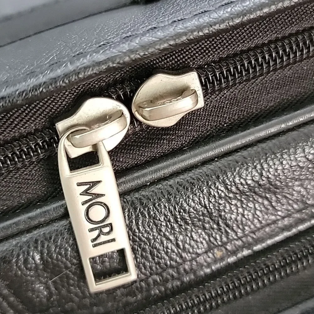 MORI Black Leather Briefcase / Computer Bag w/ Pockets, compartments, zippers